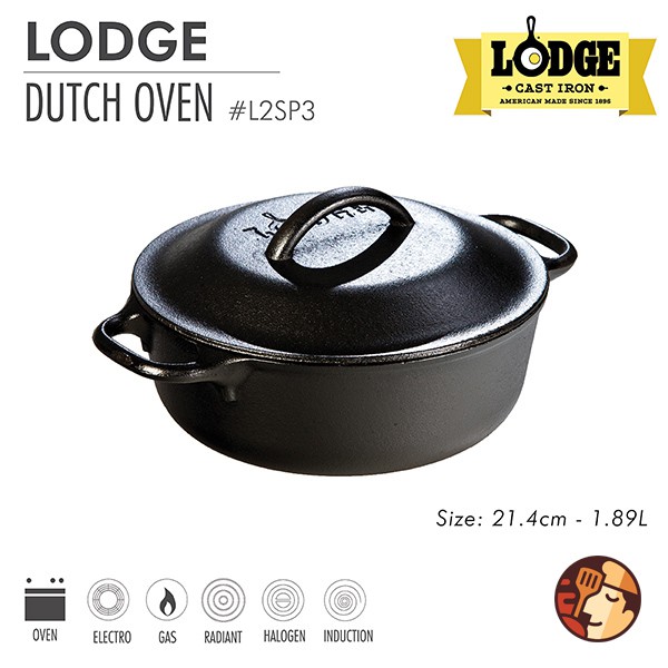 Nồi gang Lodge đường kính 21.5 cm - dung tích 1.9 lít chống dính tự nhiên, dùng được cho mọi loại bếp và lò nướng