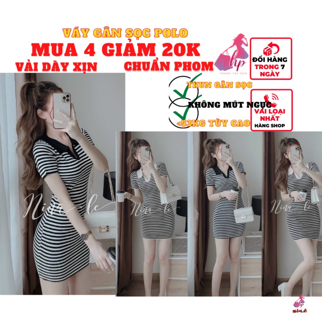 váy đầm ôm body nữ thun gân sọc trắng đen cổ bẻ polo siêu trẻ trung-VD125