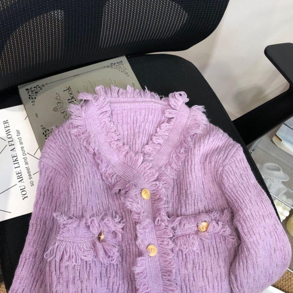 Áo Khoác Cardigan Dệt Kim Dáng Ngắn Phối Tua Rua Thời Trang Mùa Xuân 2022 Mới