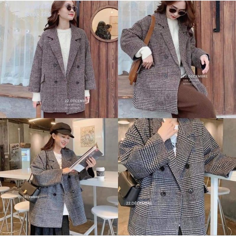 Áo Dạ Kẻ Hàn Quốc 2 Lớp Dày, Áo Vest Blazer Dạ Hàng Đẹp