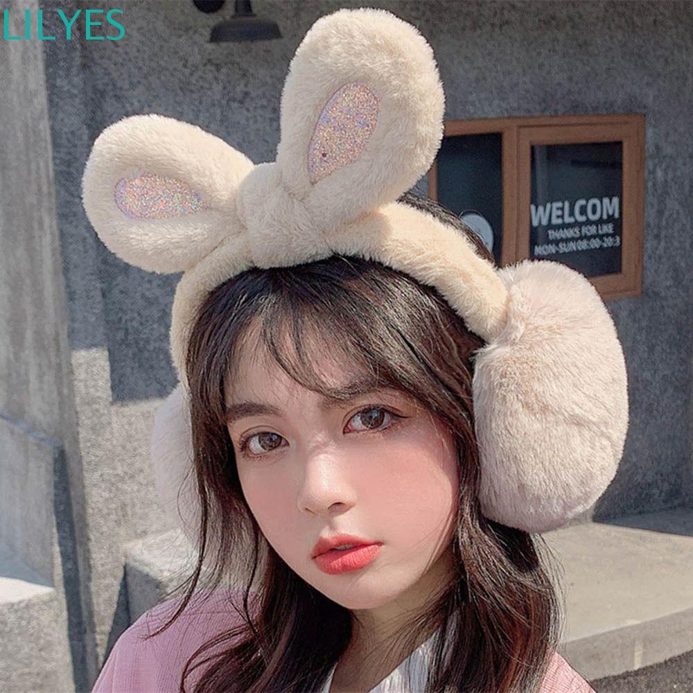 Chụp Tai Giữ Ấm Hình Thỏ Đính Kim Sa Mềm Mại Màu Trơn Thời Trang Mùa Đông Cho Nữ