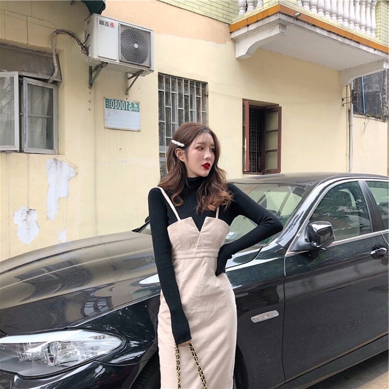 ⚡️BÁN SỈ⚡️Set váy yếm phối áo len tăm đen | BigBuy360 - bigbuy360.vn