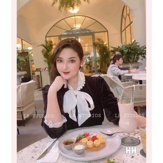 Áo nhung cổ nơ đính hạt