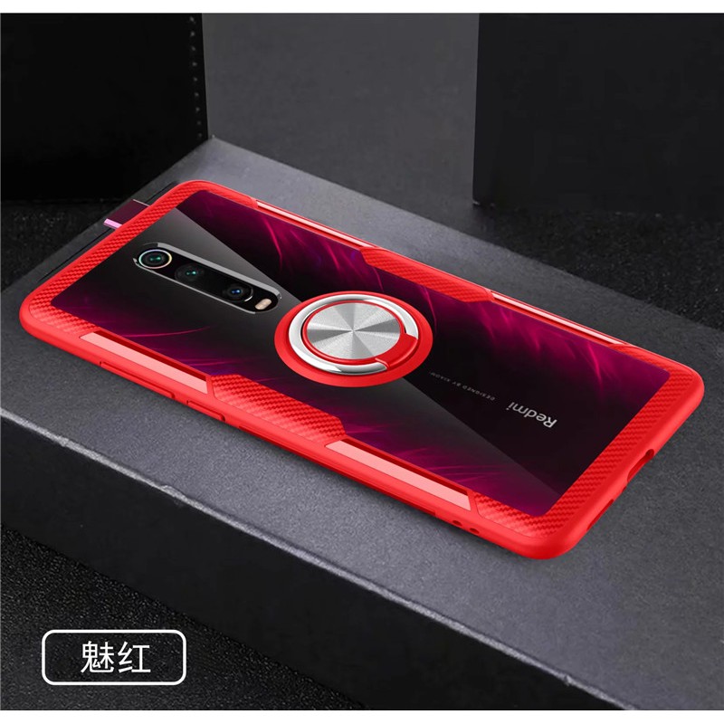 Ốp điện thoại mặt kính cường lực trong suốt có vòng đỡ móc ngón gắn trong xe hơi cho Xiaomi Redmi K 20/K20 Pro K30 5G POCO X2 Mi 9T Pro K30 i