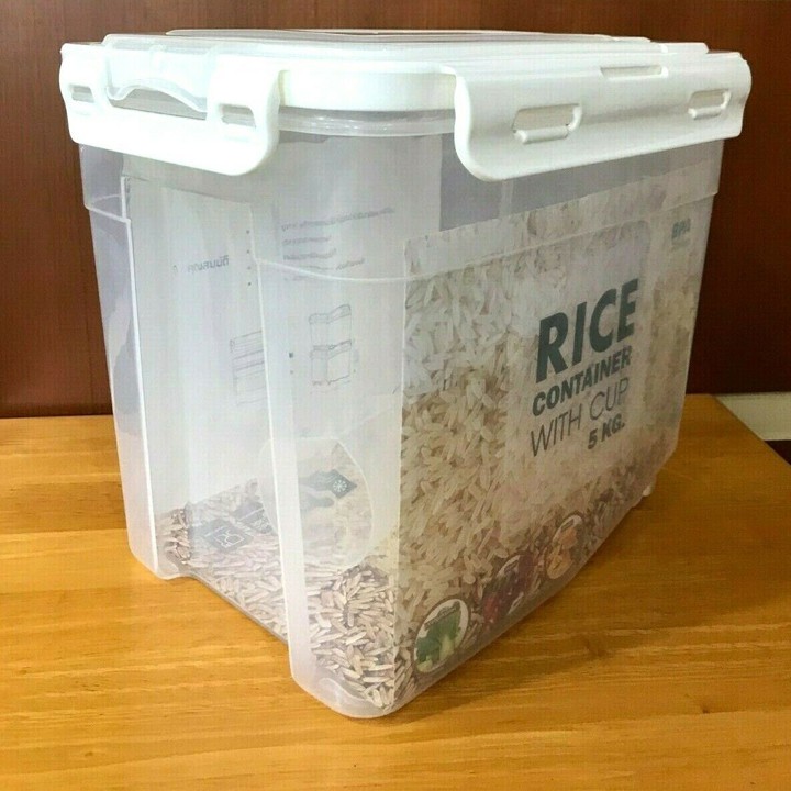 thùng nhựa đựng đồ, thùng đựng gạo 5kg gạo, có 2 bánh xe, nắp kép khóa cài, lật mở của Thái 27x20.5cm cao 23.2cm 1398