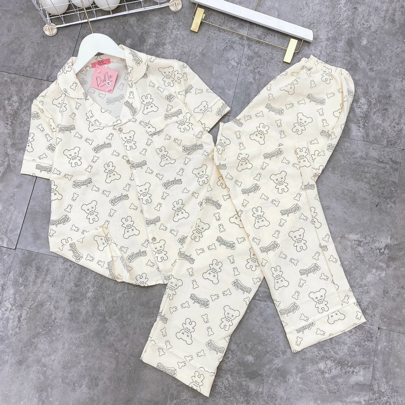 Bộ pijama chất đũi xốp hàng cộc dài hoạ tiết xinh dễ thương mặc nhà nữ