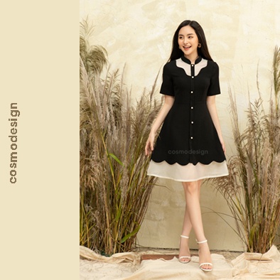 Váy ôm đen COSMO DESIGN pha tơ kem lượn cổ và gấu váy