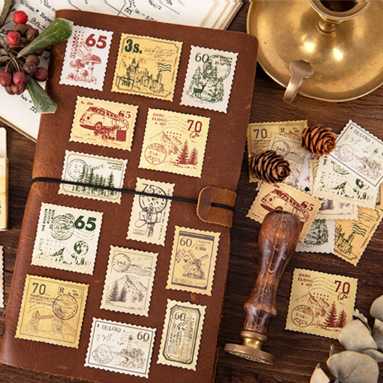 Hộp 45 miếng sticker mẫu tem hình cây thông và thực vật trong rừng