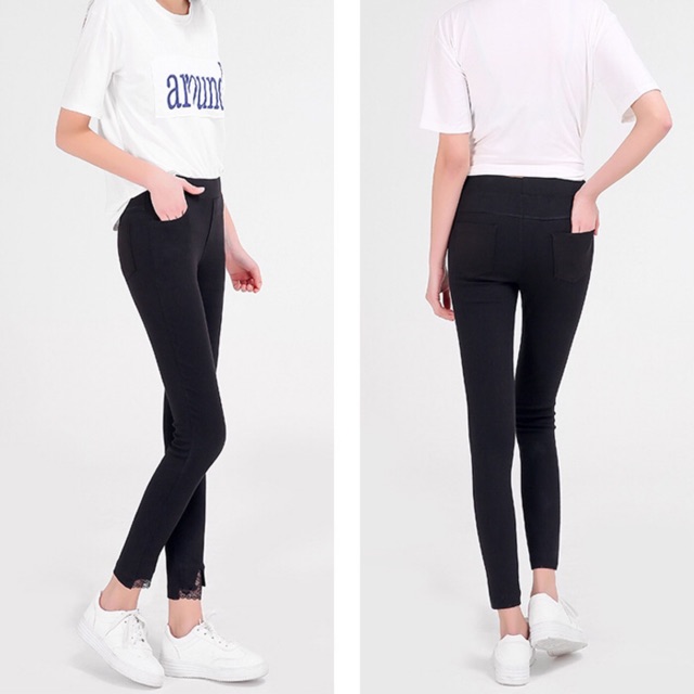 Quần kaki thun nữ big size skinny màu đen lai phối ren size lớn 65-95kg