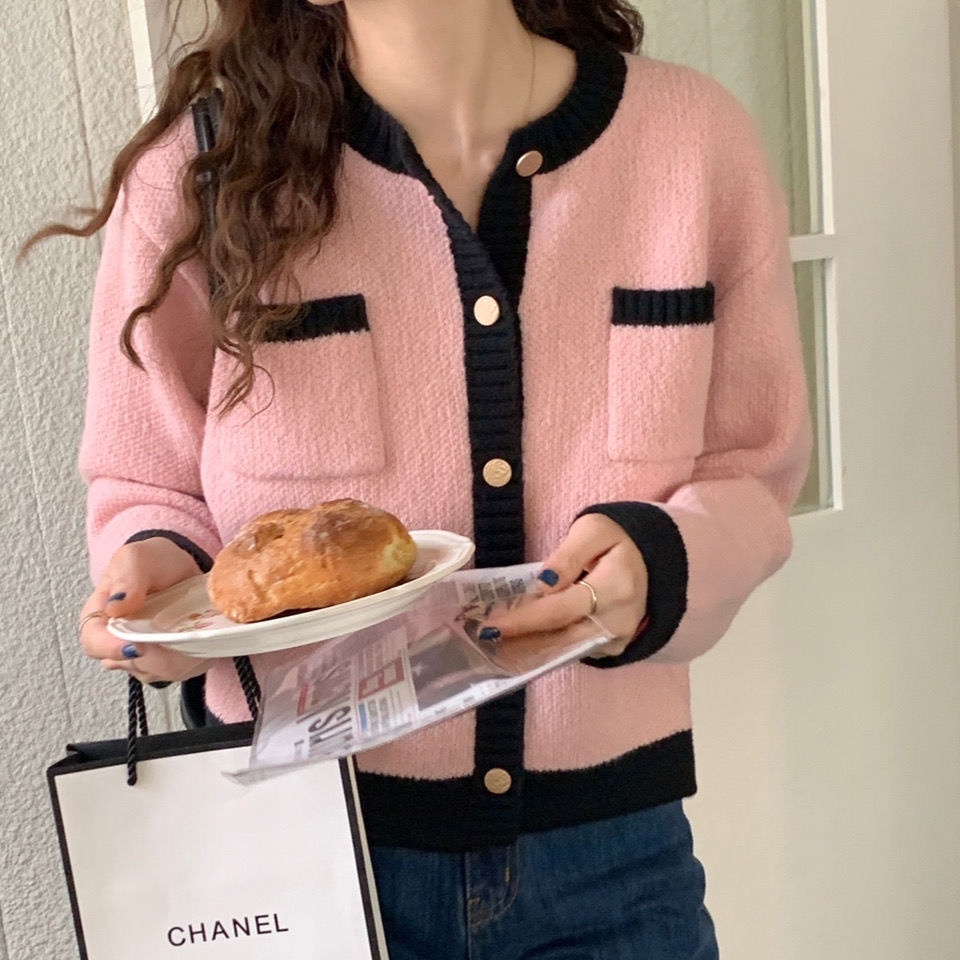 Áo khoác sweater mềm mại phối màu phong cách Pháp thời trang cho nữ