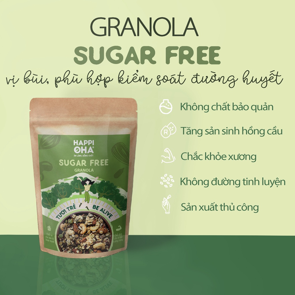 Ngũ Cốc Ăn Sáng/Ăn Kiêng Không Đường Vị 8 Loại Hạt Trái 40g - Granola Sugar Free HAPPI OHA