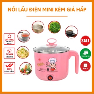 Nồi lẩu điện mini kèm giá hấp 💥 cao cấp 💥 ca nấu mì, nấu cơm đa năng có tay cầm 1,8l