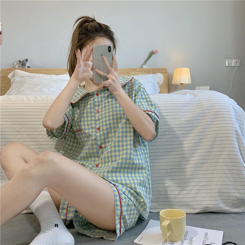 Bộ Đồ Ngủ Mùa Hè Họa Tiết Sọc Caro Đơn Giản Ngọt Ngào Mới Cho Nữ | BigBuy360 - bigbuy360.vn