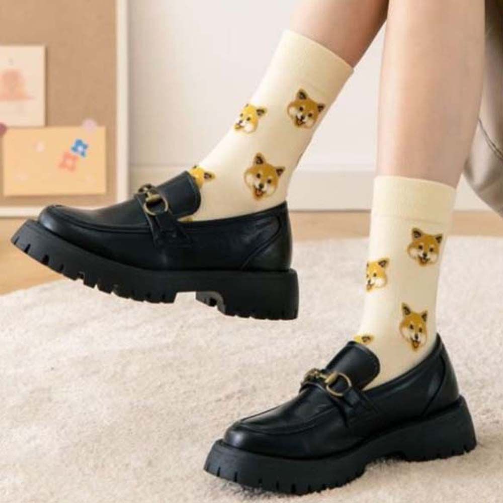 Vớ cotton cổ trung in hình chú chó hoạt hình phong cách Hàn Quốc cổ điển thoáng khí