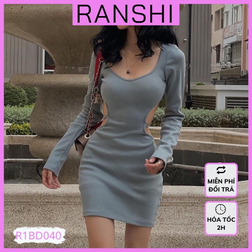 Váy Body Dài Tay RANSHI Đầm Body Ôm Sát Khoét Eo Vải Thun Gân Mềm Mịn Thoáng Mát Siêu Xinh - RBD040