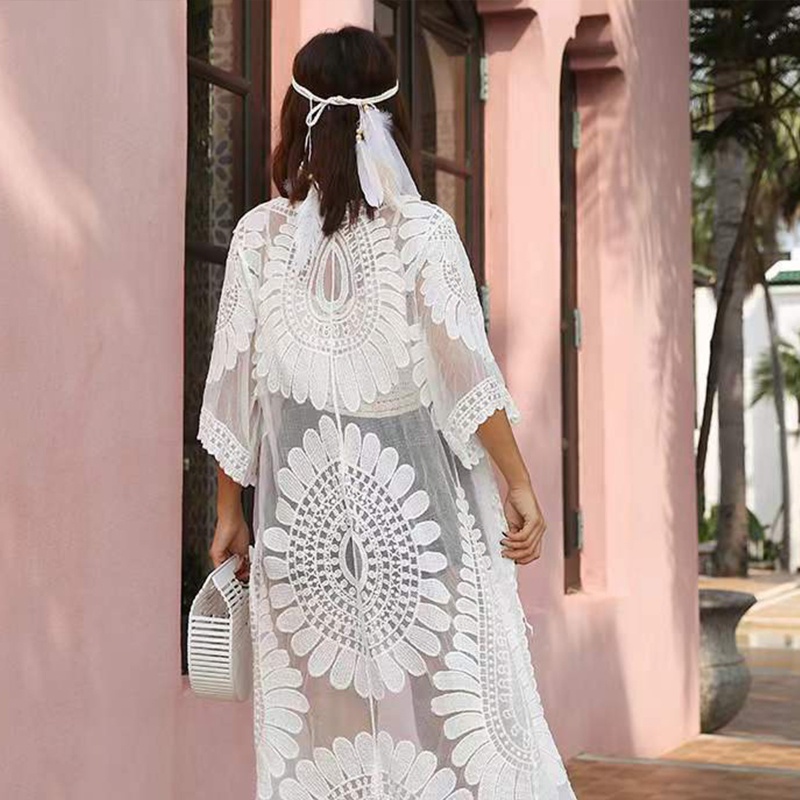 Áo Khoác Kimono Đi Biển Cổ Chữ V Thêu Hoa Hướng Dương Phối Ren Ốp