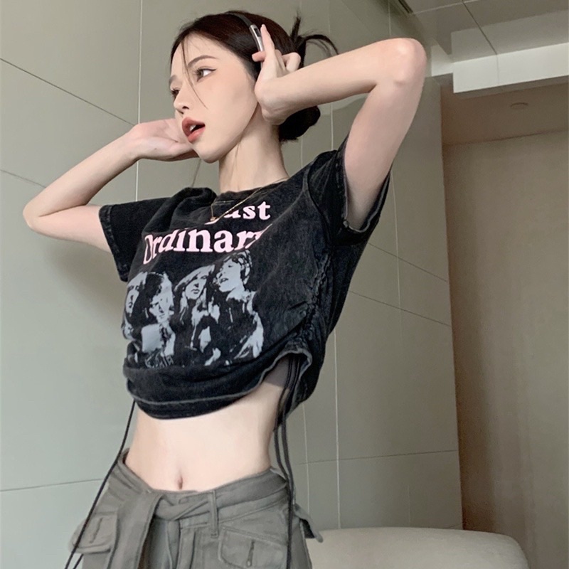 Áo Croptop Màu Đen Phối Dây Rút Phong Cách Ullzang