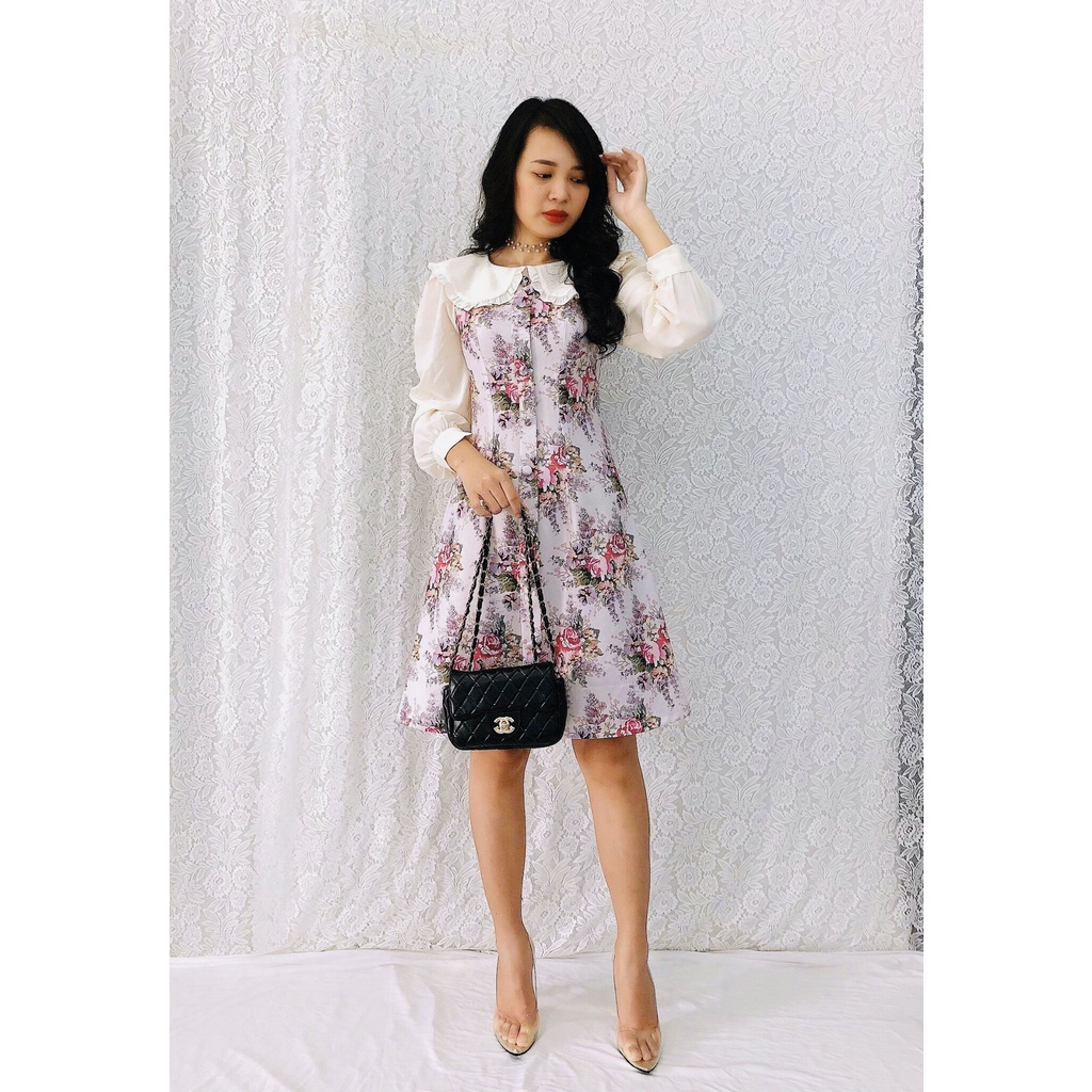 Đầm Xòe Hoa Dự Tiệc Tay Dài S&amp;M Cực Sang Trọng, Tôn Dáng GR176- Hình Thật Shop Tự Chụp