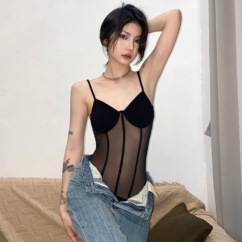 Kliou Áo liền thân KLIOU sát nách phối lưới nhìn thấu gợi cảm mẫu mới thời trang 2023