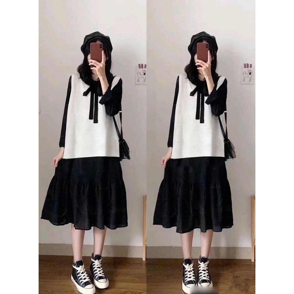 [Mã FAGREEN245 giảm 10% tối đa 30K đơn 99K] [ẢNH THẬT] Set váy tiểu thư kèm áo ghile ulzzang - B11 - jannahouse | BigBuy360 - bigbuy360.vn