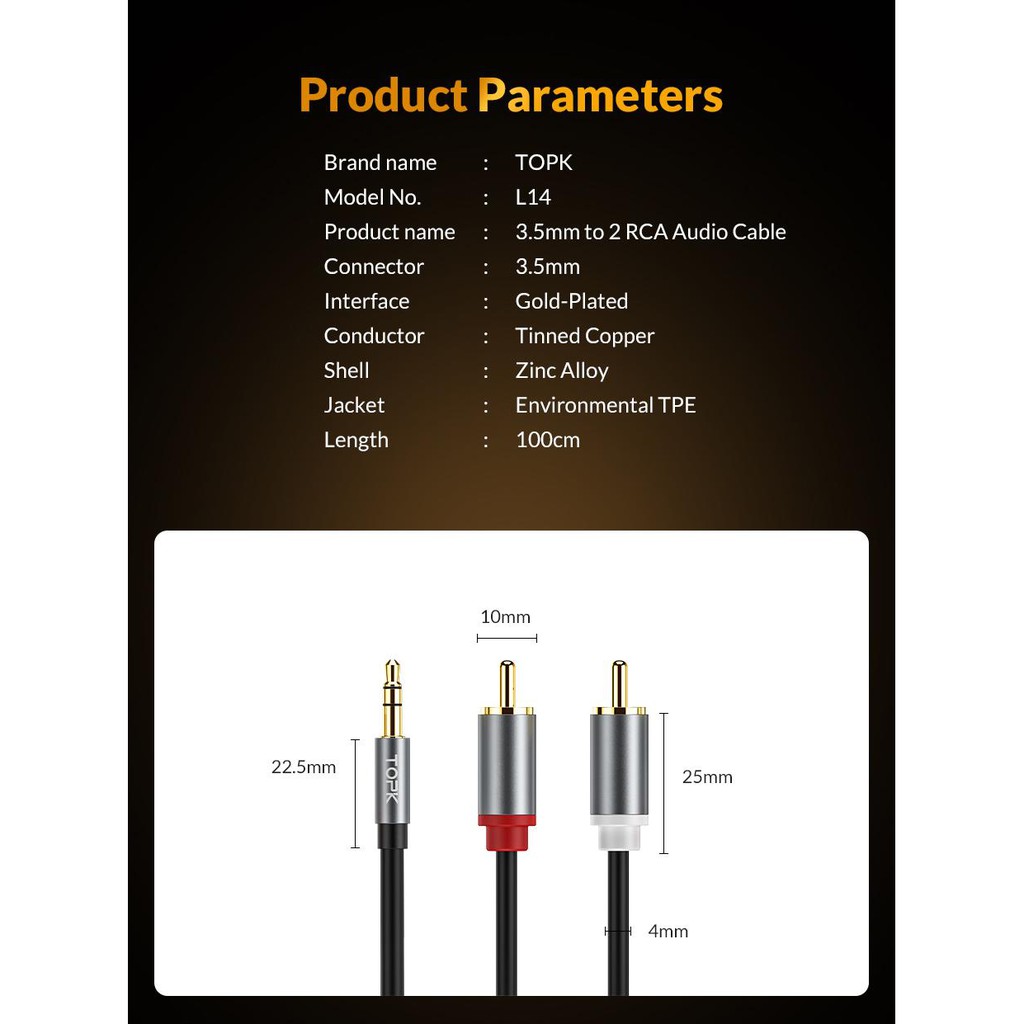 Cáp âm thanh TOPK AUX (3.5mm) sang 2 RCA 1m