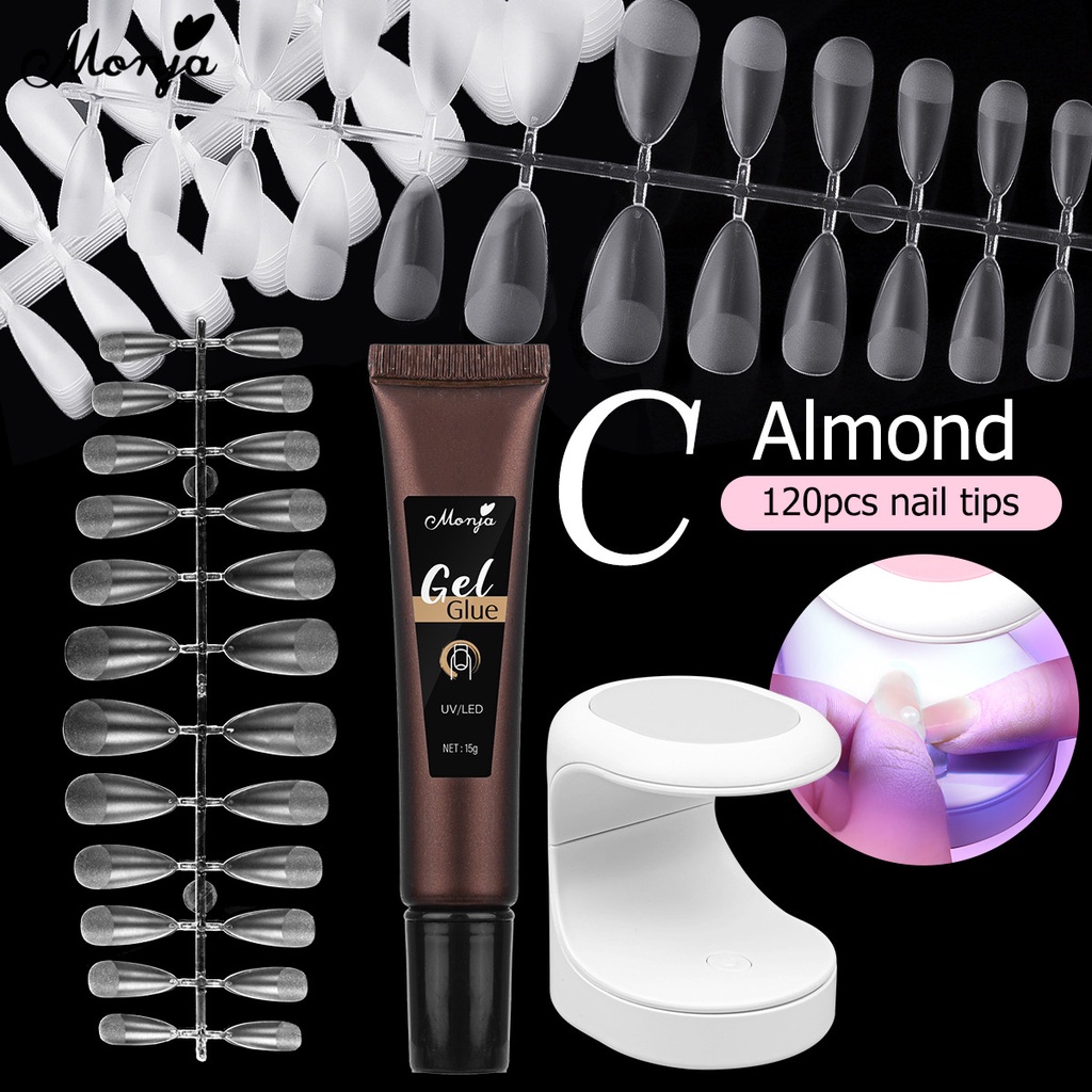 Monja Nail Art Extension Kit Máy sấy móng tay LED 6W 15g UV Gel cho Matte Square Long Coffin Almond Mẹo làm móng giả 3 cái / bộ