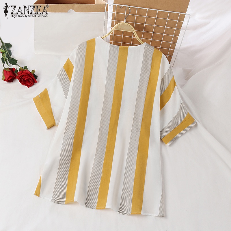 Áo sơ mi ZANZEA tay lửng cổ chữ V họa tiết sọc thời trang dành cho nữ