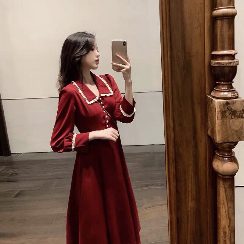 Đầm dáng xòe màu đỏ tay dài viền ren dự tiệc dạo phố, cà phê, hẹn hò noel , đi làm thời trang tươi mát - VADA - V789 [ b