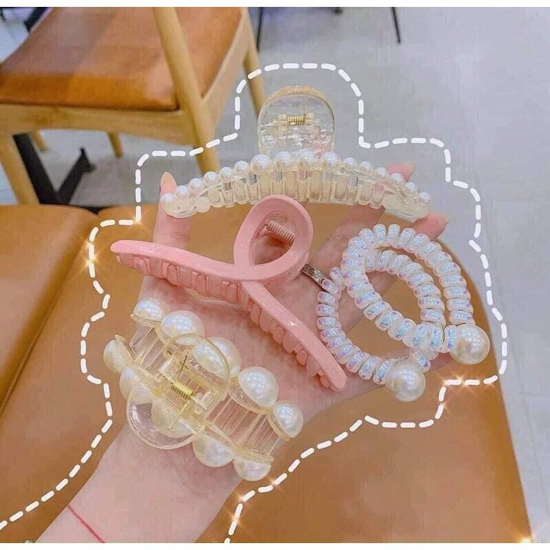 Set Kẹp Tóc Ngọc Trai 5 Món Kèm Túi Zip Sang Chảnh - Cột Tóc Kẹp Tóc Ngoạm - Kẹp Tóc Càng Cua GG