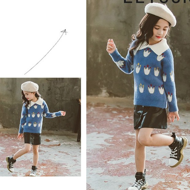 Áo len có cổ bé gái lớn họa tiết vương miện size 16-50kg (HÀNG QCCC) [AL18]