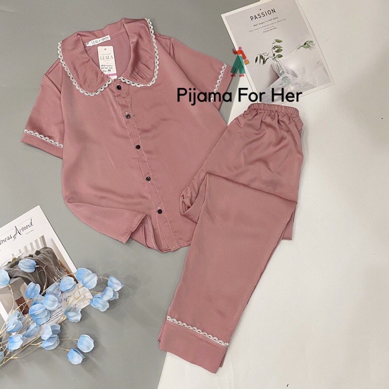 Bộ lụa Pizama tơ ngọc trai viền ren cao cấp pijama Tay ngắn quần dài [HÀNG CHUẨN ĐẸP