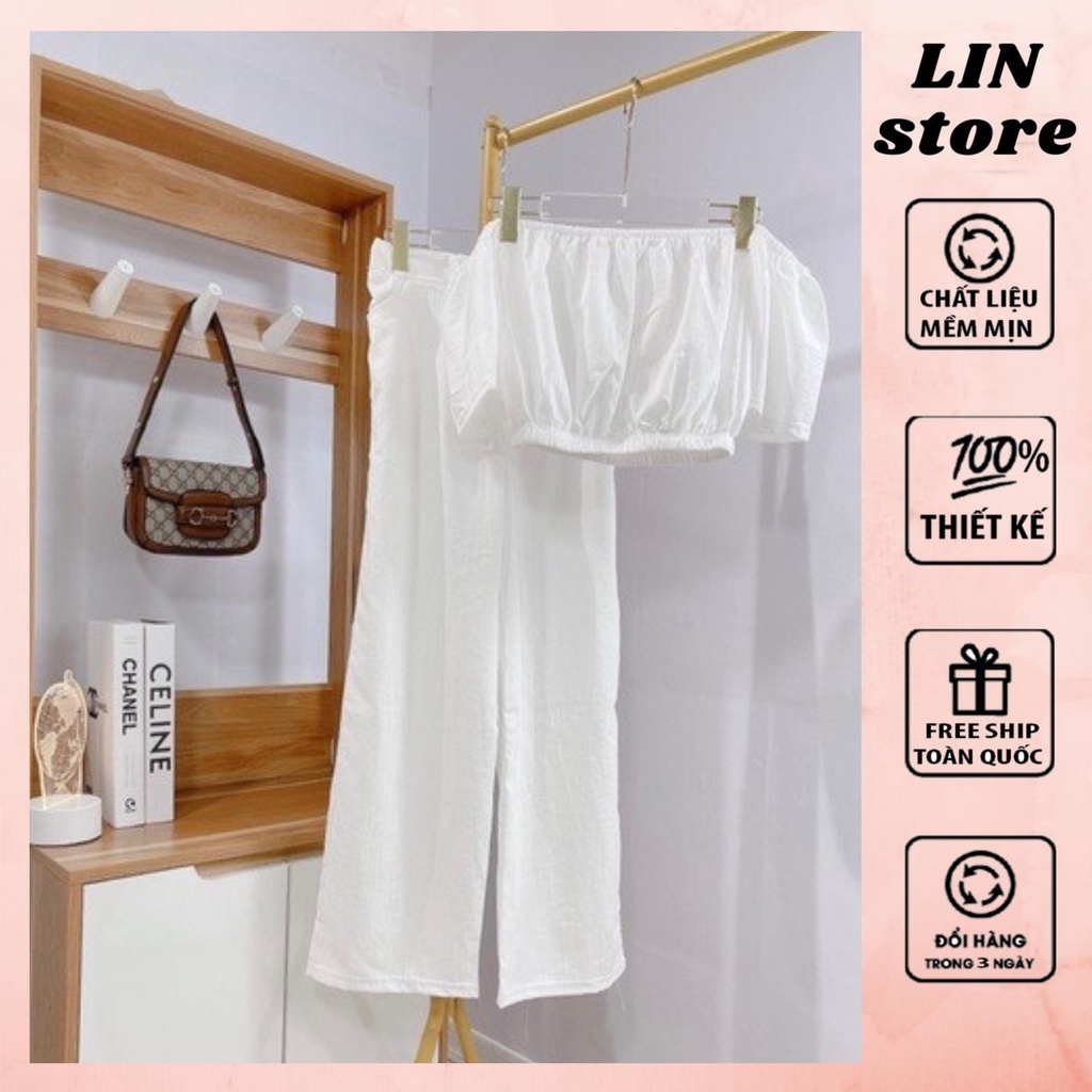 Set đồ đi biển,áo trễ vai kèm quần sang chảnh,đi chơi Linstore