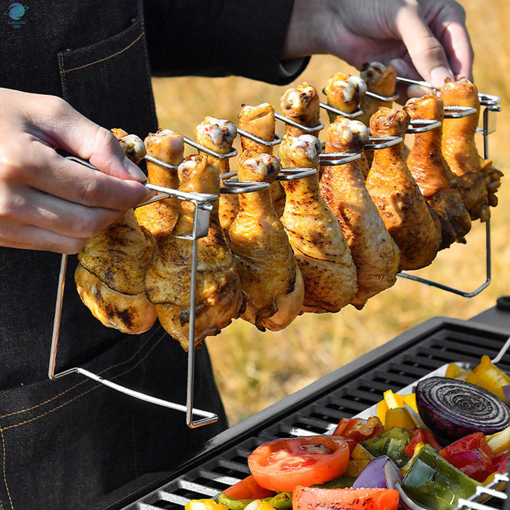 O&G Chicken Leg Wing Rack 14 Slots Stainless Steel Metal Roaster Stand with Drip Tray for Smoker Grill Oven BBQ Picnic