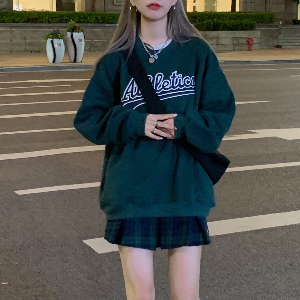 SUXI Áo nỉ nữ dài tay cổ tròn thời trang Hàn