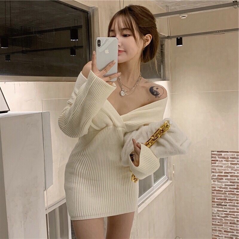 Đầm len dệt kim hở vai váy ngắn tay dài trễ vai dáng ôm body len tăm phối suông nữ ngang vai sexy nữ tính Hàn Quốc