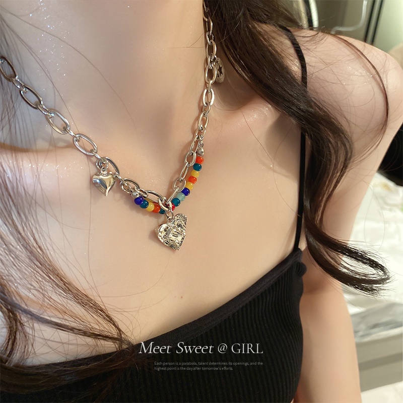 Vòng Cổ Choker Xương Quai Xanh Đính Hạt Hình Trái Tim Nhiều Màu Sắc Y2K Dành Cho Nữ