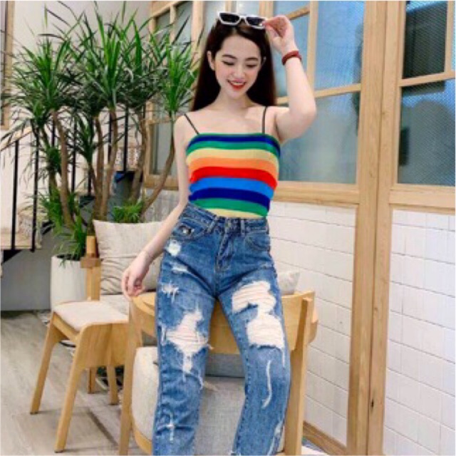 Video_Áo 2 dây croptop vuông cotton sọc 7 màu