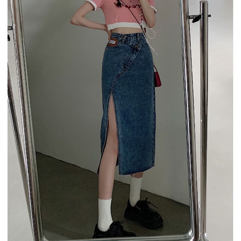 Chân váy jeans dài xẻ đùi cao phối đai eo chéo cá tính