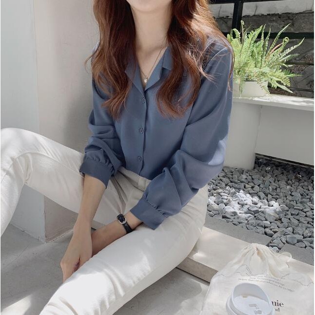 Áo sơ mi nữ tay dài màu trơn thời trang đơn giản 35923