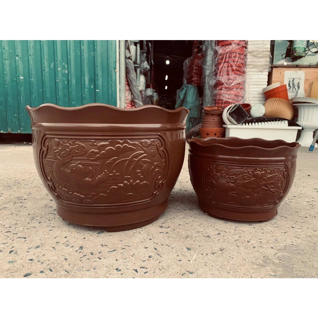 (Size to nhất 48x31cm) Chậu nhựa uyên ương giả sứ cao cấp siêu đẹp UU480_Chậu nhựa họa tiết chân cao tráng men sứ xịn