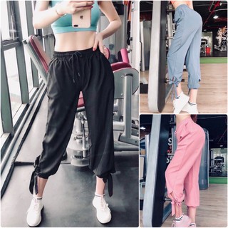 Quần tập gym nữ - Quần jogger buộc dây chất gió (3 màu: xám, đen, hồng)
