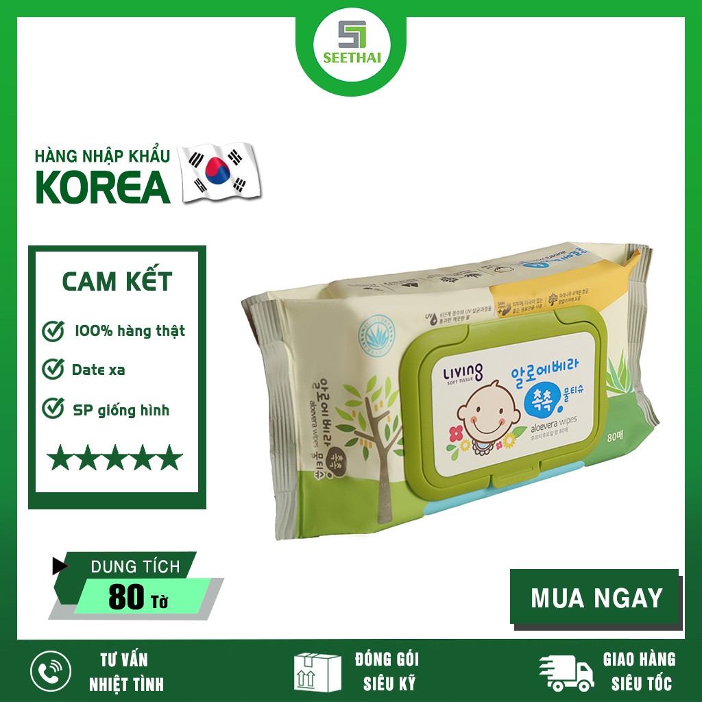 Khăn giấy ướt nha đam LIVING VERA CHOK CHOK Aloe Hàn Quốc - 80 tờ - khăn giấy ướt giữ ẩm da tay