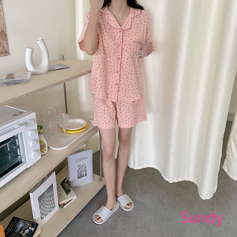 Bộ Đồ Ngủ Ngắn Tay Dáng Rộng In Hình Trái Cherry Thời Trang Mùa Hè Hàn Quốc Dành Cho Nữ