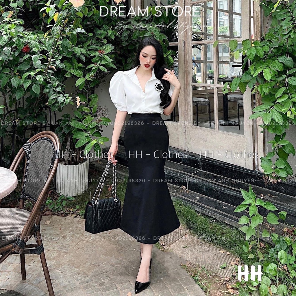 Set áo sơ mi tay bồng mix chân váy đuôi cá siuu sang chảnh