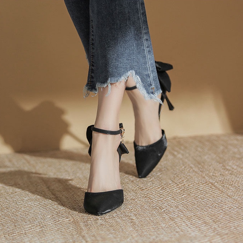 Giày cao gót mũi nhọn vải satin phối khóa cài thời trang nhiều màu sắc tùy chọn cho nữ