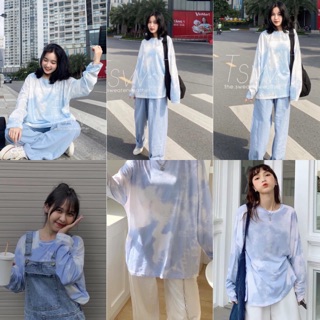 Áo Kiểu MON T- SHIRT tone màu pastel thiết kế loang màu hàng nhập quảng châu form rộng oversize áo tay dài