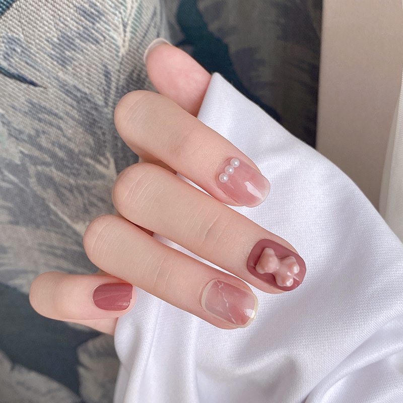 Móng tay giả thiết kế giá rẻ đẹp đính gấu màu hồng có hộp Nail box đẹp MINIGIRL MG05