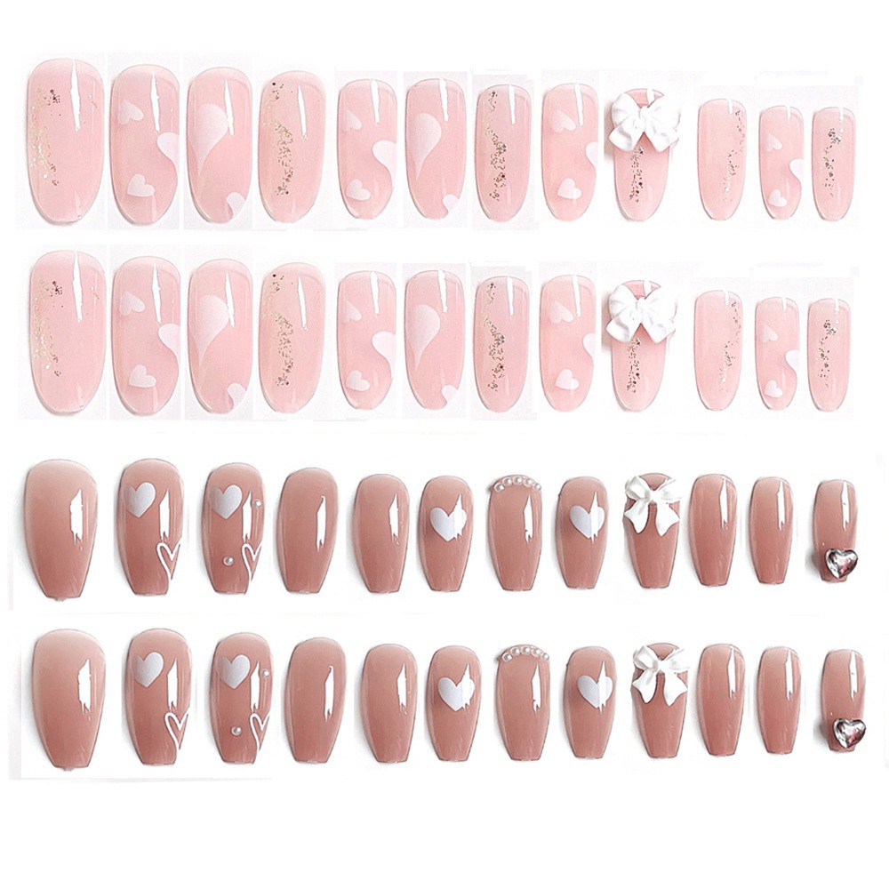 [Hàng mới về] Set 24 móng tay giả họa tiết trái tim thiết kế hợp thời trang xinh xắn