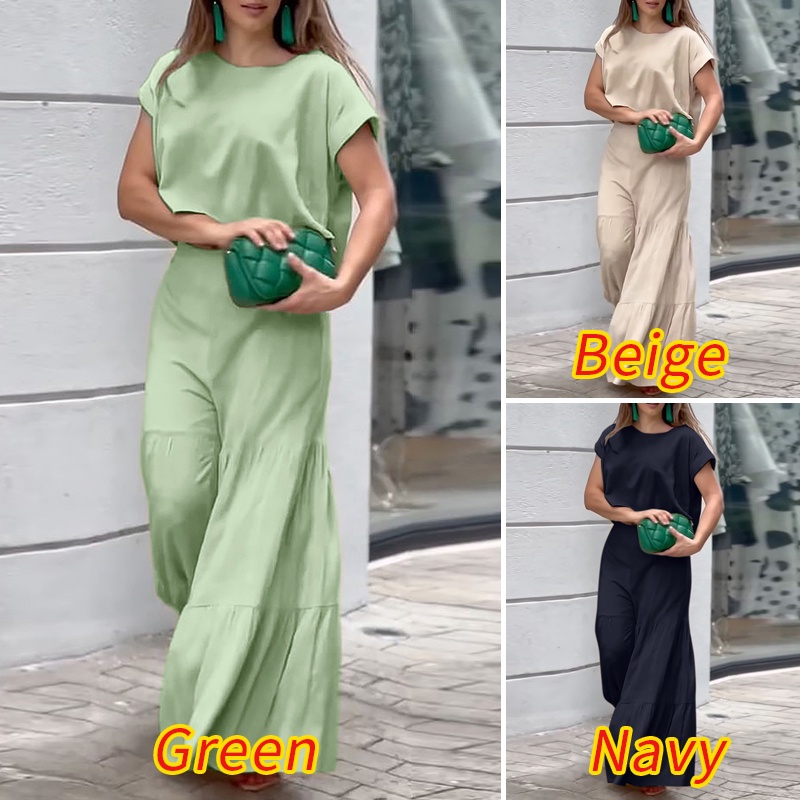 Set đồ 2 món ZANZEA gồm áo thun tay ngắn cổ tròn dáng rộng + quần lưng thun ống rộng cho nữ