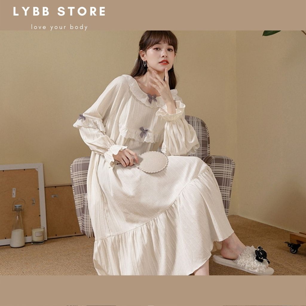 Váy ngủ công chúa chất liệu cotton dáng dài vai bèo siêu xinh, váy babydoll, đồ ngủ thu đông, đồ mặc nhà đẹp